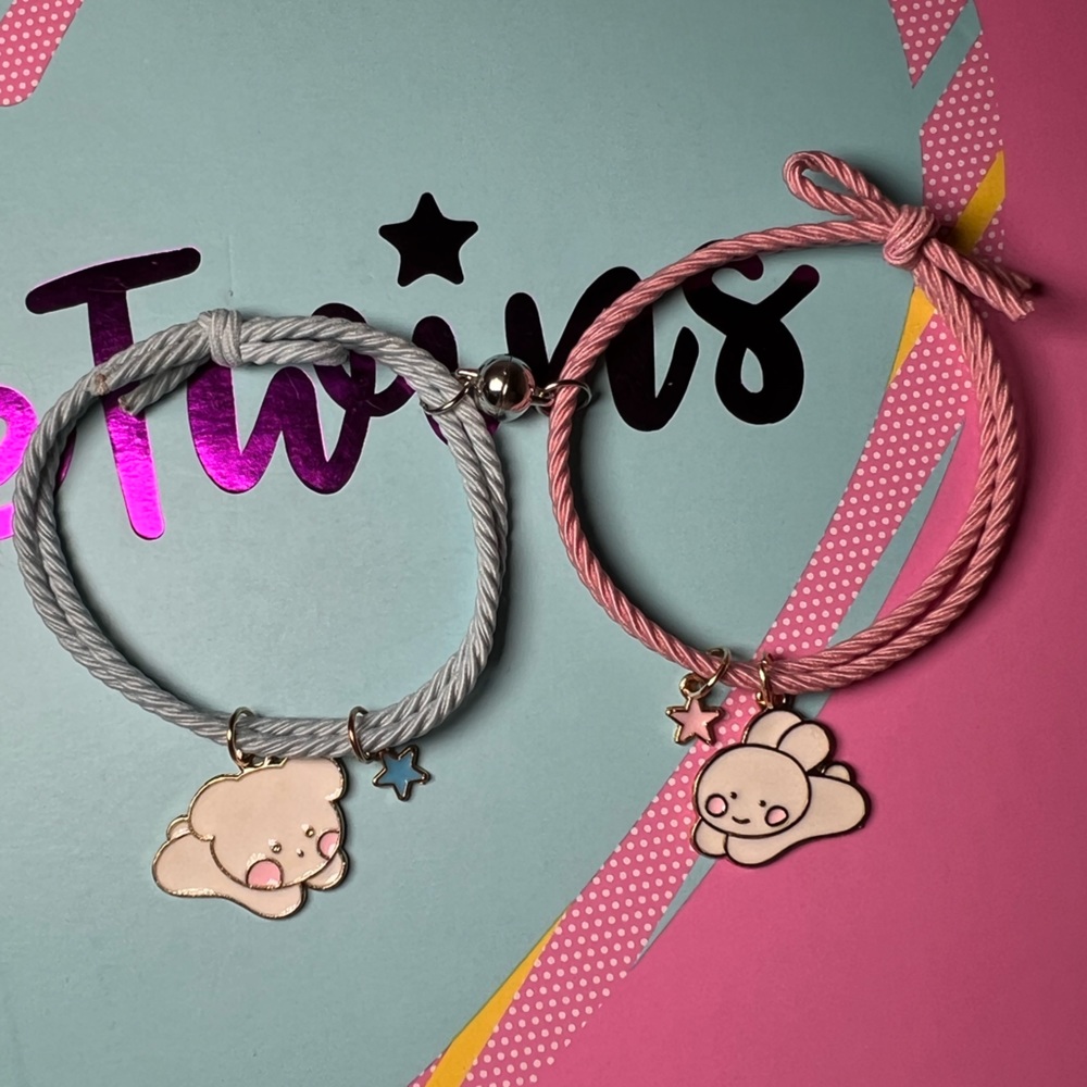 ⭐️ Kawaii Bunny & Bear Magnetic Charm Bracelets Set BFF Friendship Girls Women